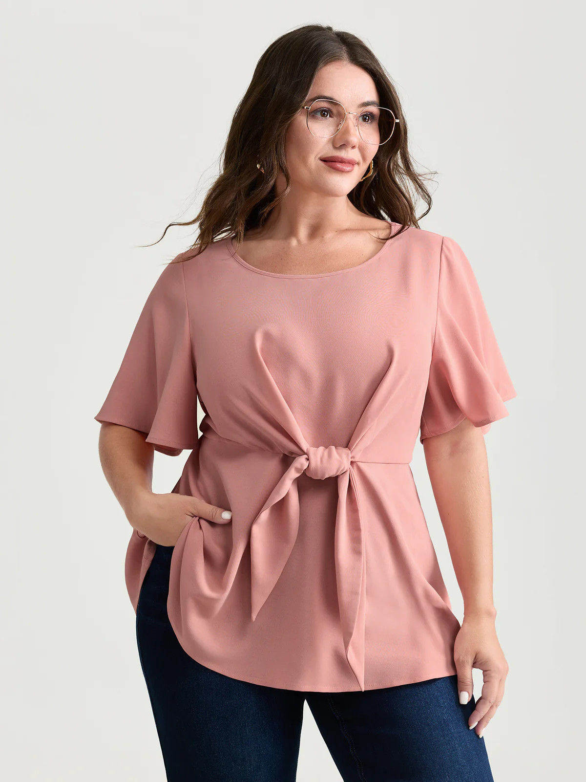 Cinched-Waist Knotted Plain Blouse | Bloomchic