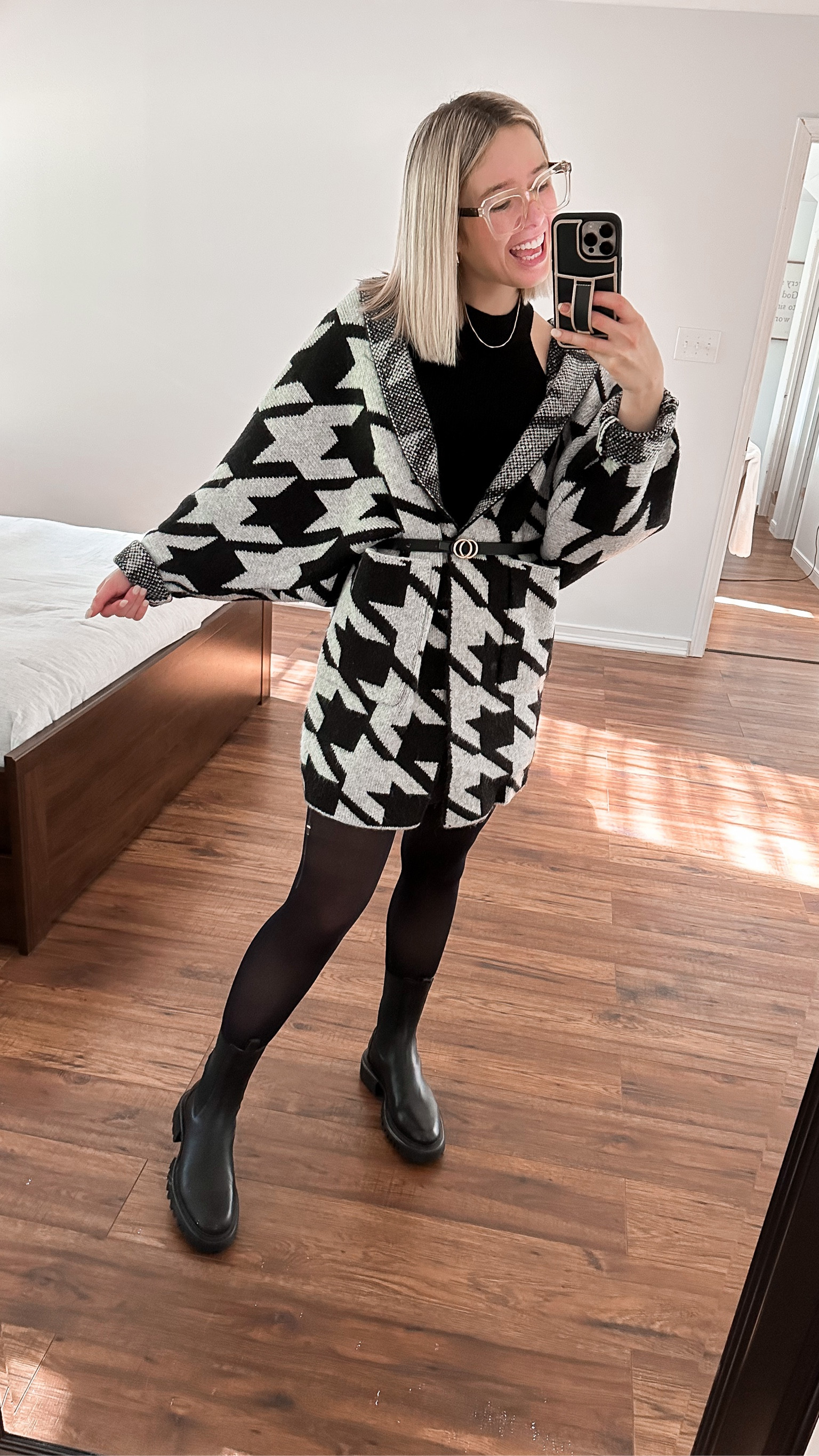 Express oversized Houndstooth Cardigan XS TTS - I have the non belted pic posted as well & the link shows without the belt 

Black mockneck tank small TTS 

AllSaints Hallie Lug Boot TTS

#LTKworkwear #LTKsalealert #LTKshoecrush