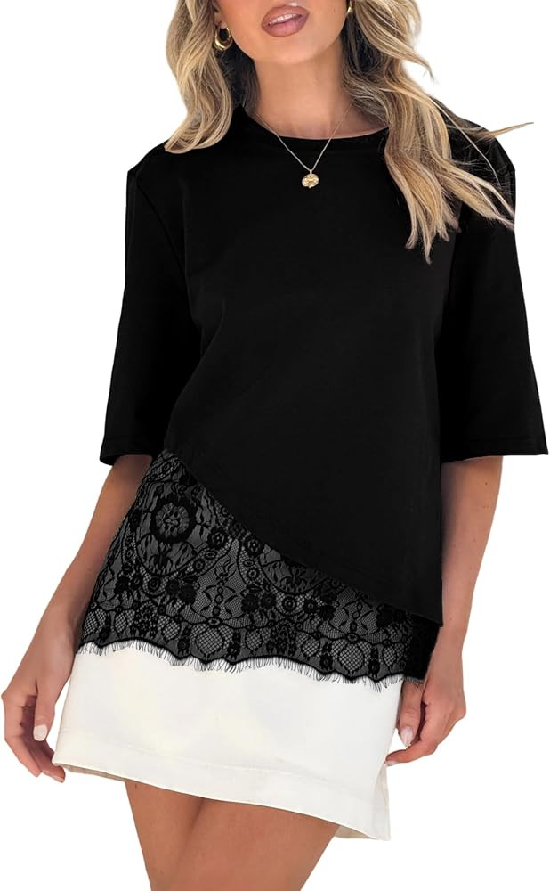 Womens Lace Patchwork T Shirt Short Sleeve Crew Neck Asymmetric Hem Relaxed Fit Blouses Casual La... | Amazon (US)