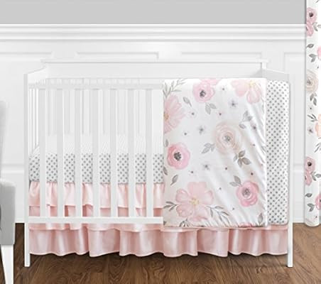 4 pc. Blush Pink, Grey and White Watercolor Floral Baby Girl Crib Bedding Set without Bumper by S... | Amazon (US)