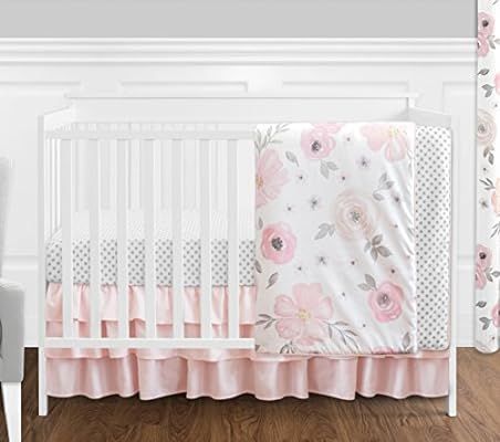 4 pc. Blush Pink, Grey and White Watercolor Floral Baby Girl Crib Bedding Set without Bumper by S... | Amazon (US)
