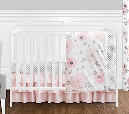 4 pc. Blush Pink, Grey and White Watercolor Floral Baby Girl Crib Bedding Set without Bumper by S... | Amazon (US)