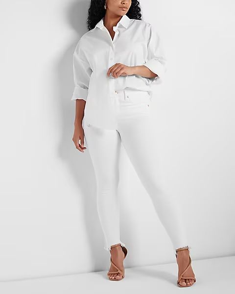 Mid Rise White Distressed Hem Skinny Jeans | Express