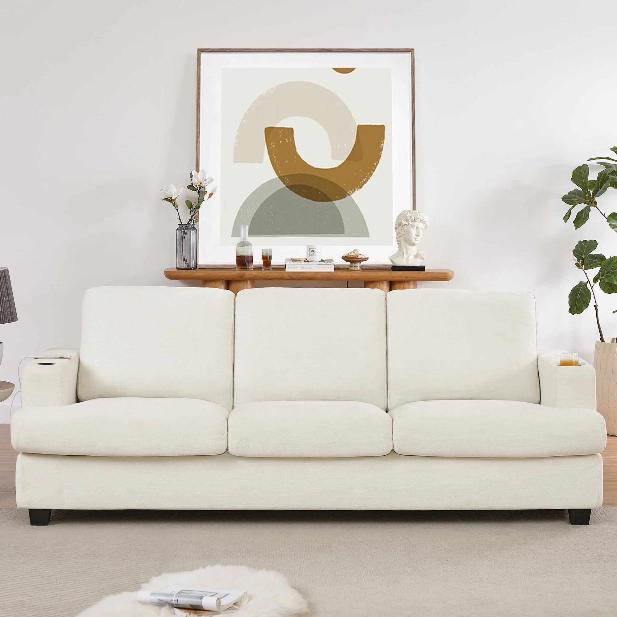 Homfa 3 Seat Sofa with USB Charging Ports & Cup Holders, 89'' Modern Chenille Upholstered Couch f... | Walmart (US)