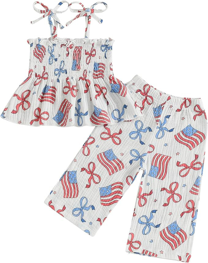 VISGOGO 4th of July Toddler Girl Outfits Smocked Strap Camisole Sleeveless Tops Pants Set Stars/P... | Amazon (US)