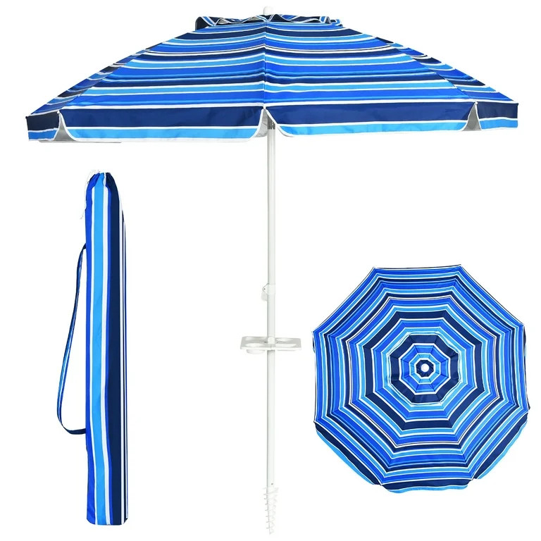 Costway 7.2 FT Portable Beach Umbrella Tilt Sand Anchor Cup Holder W/Carry Bag Navy Blue | Walmart (US)