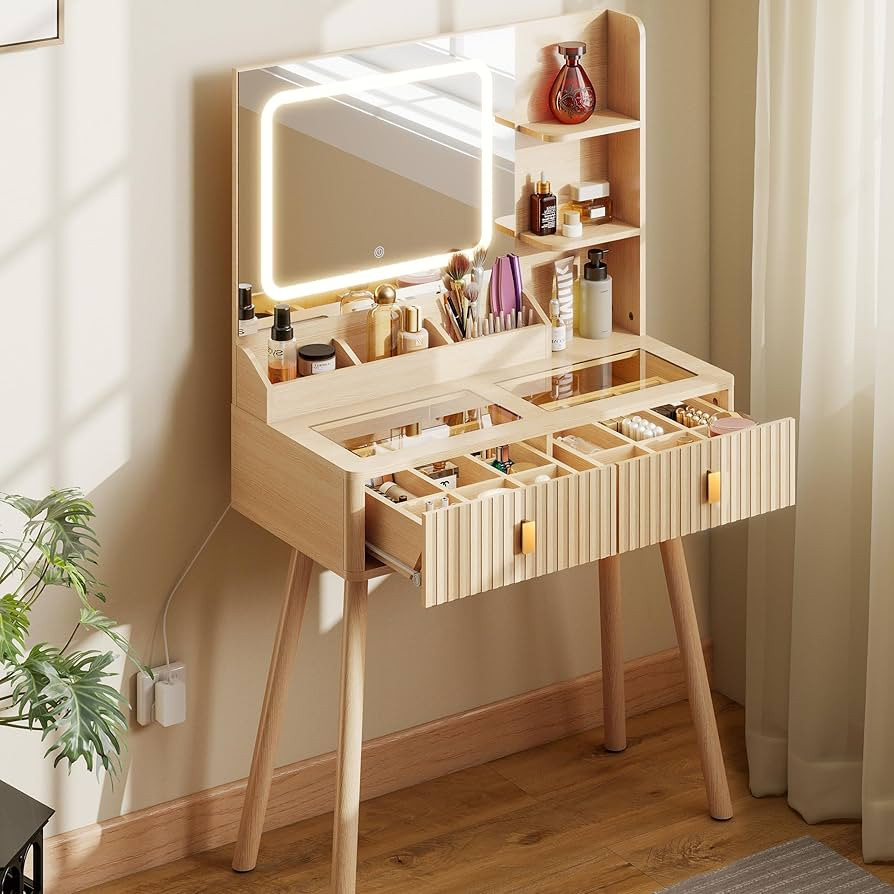 GOODONE 31.5" Fluted Vanity Desk with Mirror LED Lights, Makeup Desk with 2 Drawers, Dressing Tab... | Amazon (US)