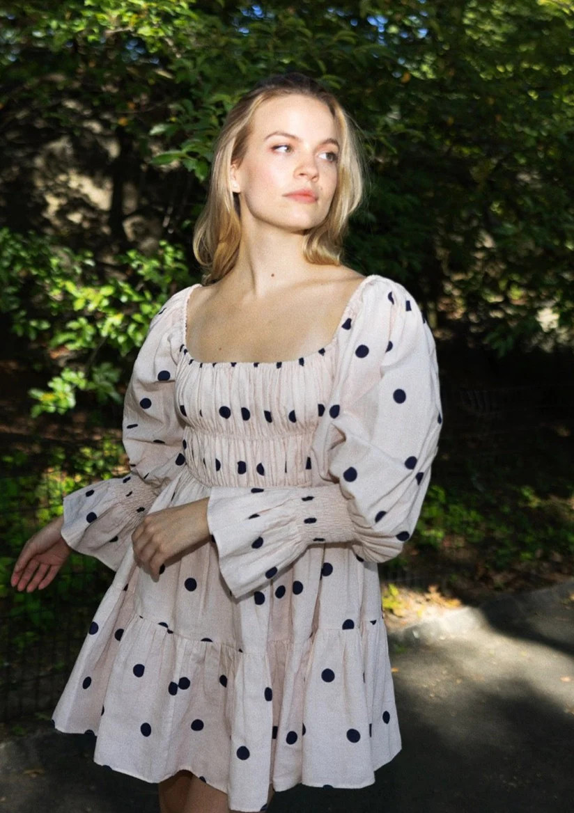 Elisabeth Dress in Navy Polka Dot | Louise New York