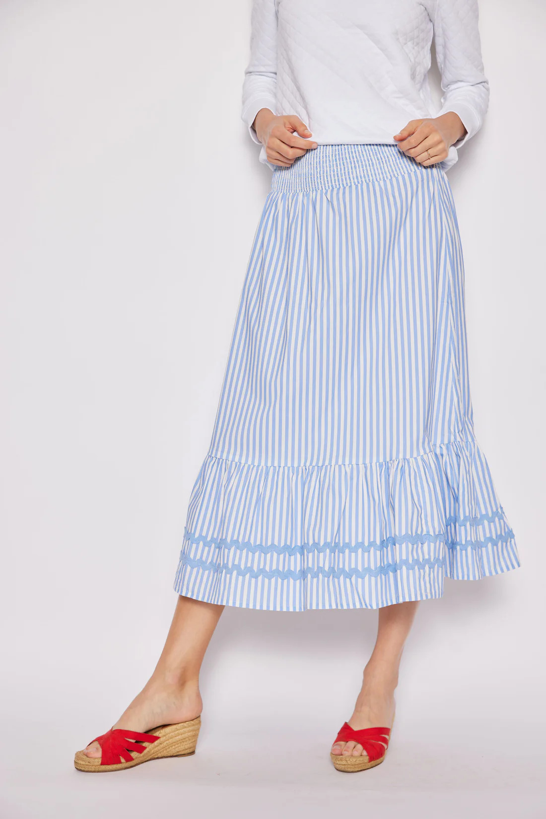 Blue & White Stripe Smocked Waist Midi Skirt | Sail to Sable