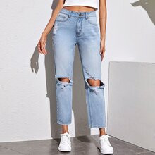 Light Wash Distressed Cropped Baggy Jeans | SHEIN