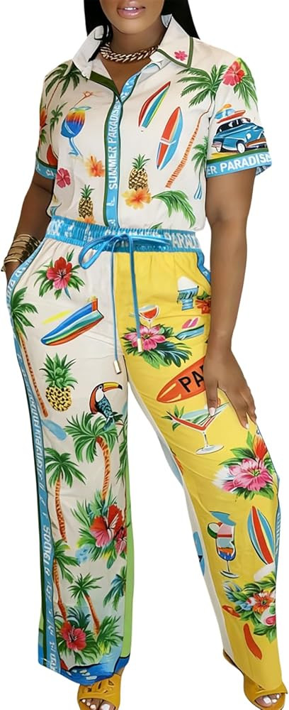 Women’s 2 Piece Outfit Tropical Print Short Sleeve Shirt and Pants Set Casual Vacation Summer P... | Amazon (US)