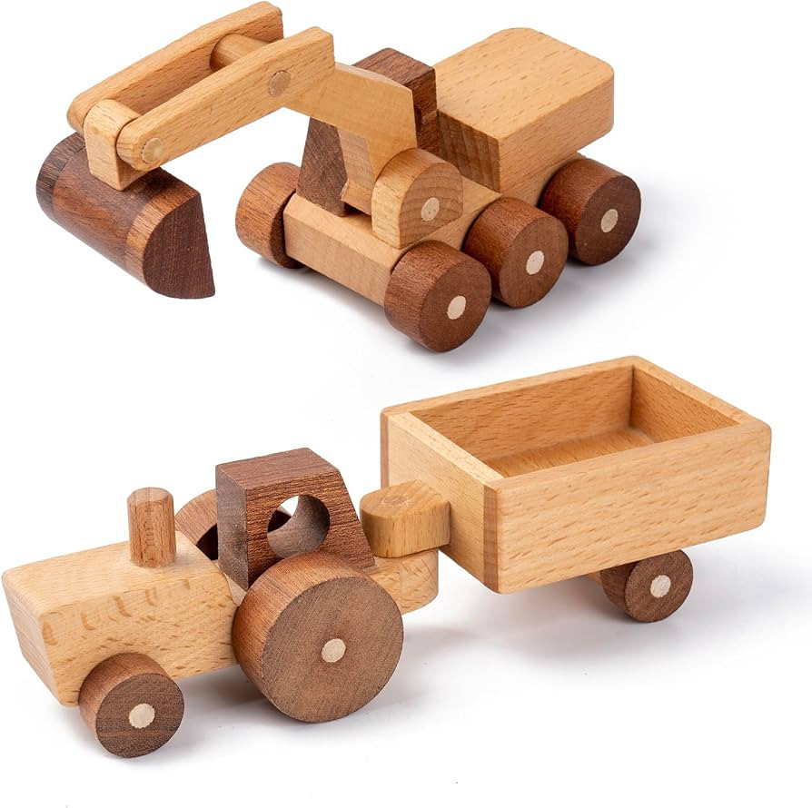 Wooden Toy Cars for 3 Year Old Boys & Girls - Construction Vehicles Set Push Toys for Toddlers, W... | Amazon (US)