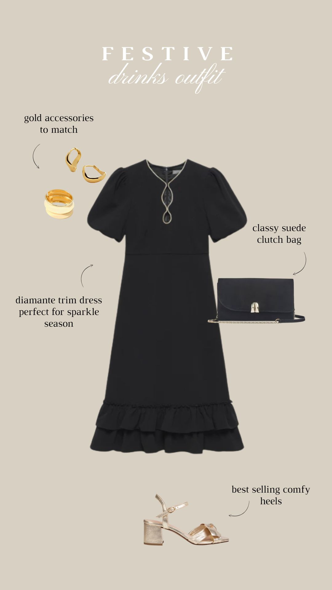 Festive drinks outfit, Christmas party outfit ideas, high street finds, little black dress, gold accessories, gold heels  

 #LTKuk #LTKfestive #LTKstyletip