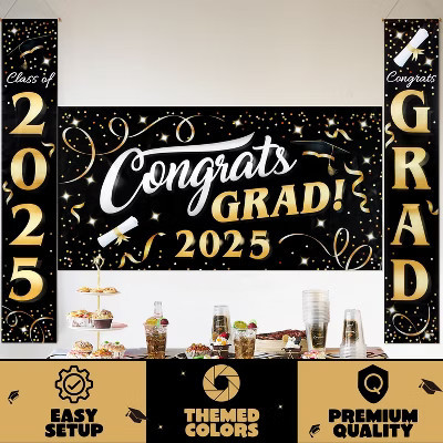 Joyfy 3 Pcs Graduation Decorations Class of 2026, Gold Black Congrats Grad Banner Set for Indoor Outdoor College Party Decor | Target