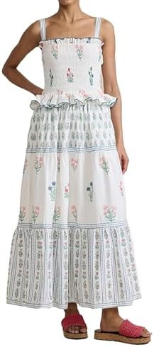 Women Floral Maxi Dress Sleeveless Smocked Ruffle Flowy Boho Sundress with Pockets Summer Vacatio... | Amazon (US)