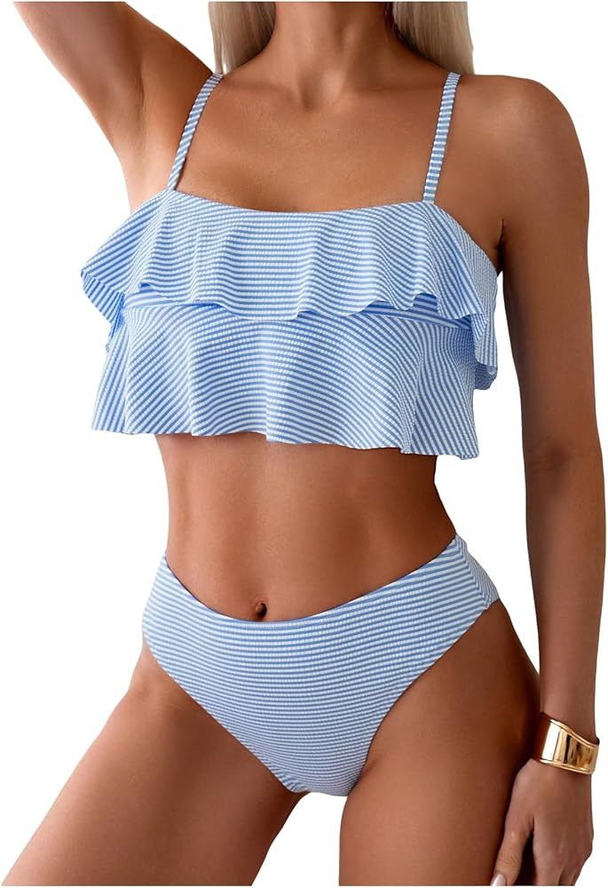 Verdusa Women's Striped Ruffle Layer High Waist Bikini Swimsuit 2 Piece Bathing Suits | Amazon (US)