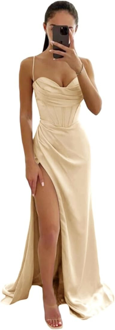 Tianzhihe Cowl Neck Satin Bridesmaid Dresses Long Modern Corset Wedding Guest Dress with Side Sli... | Amazon (US)