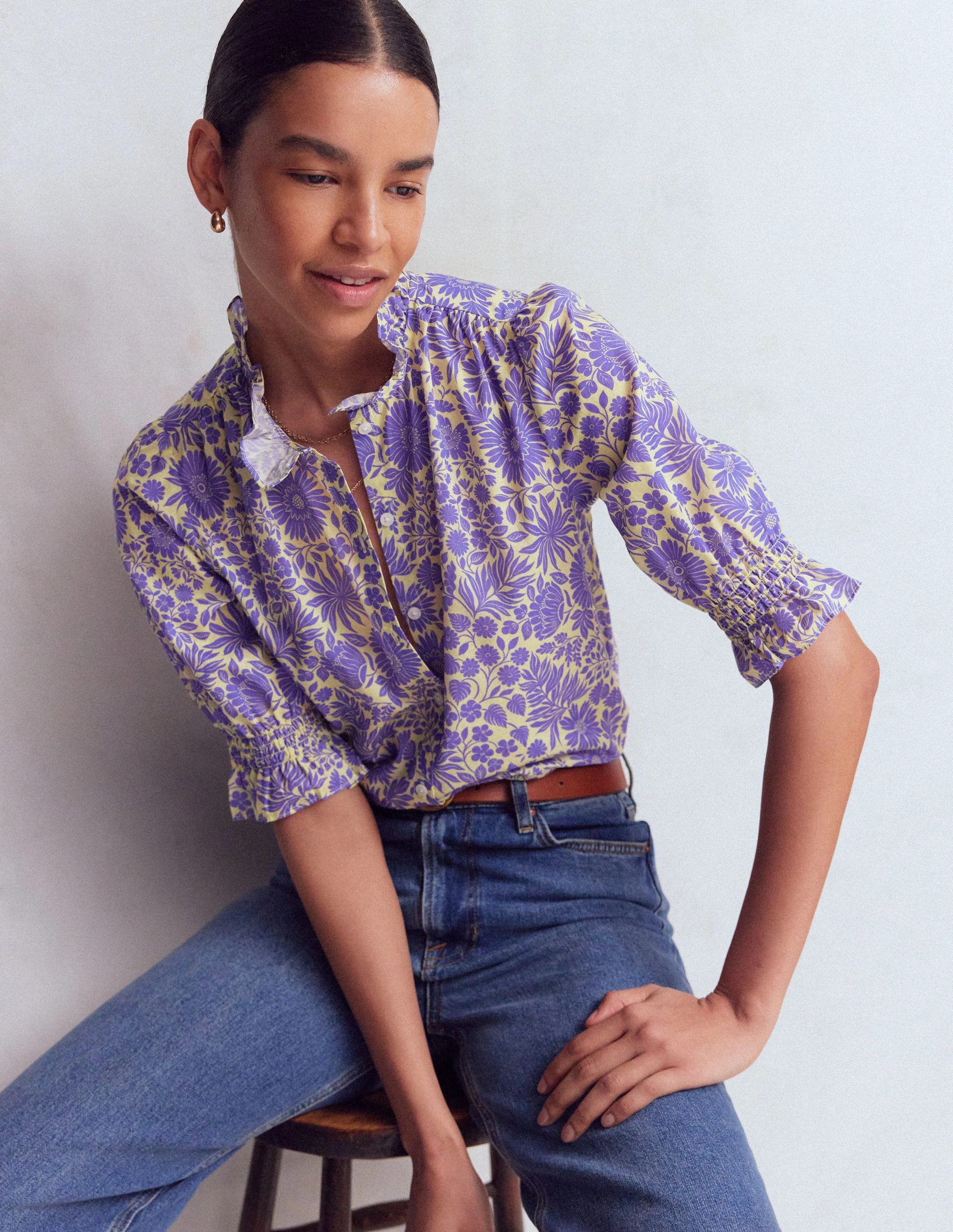 Heather Smocked Sleeve Top-Han Purple, Flowerbed Bloom | Boden (US)