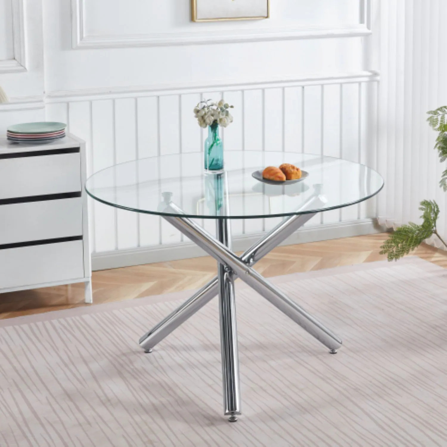GDFStudio Luminara Modern Contemporary Space-Saving 43.3 in. Metal Frame Glass Dining Table with Cross Base - Chrome Finish one_size | 340742 | Lowe's