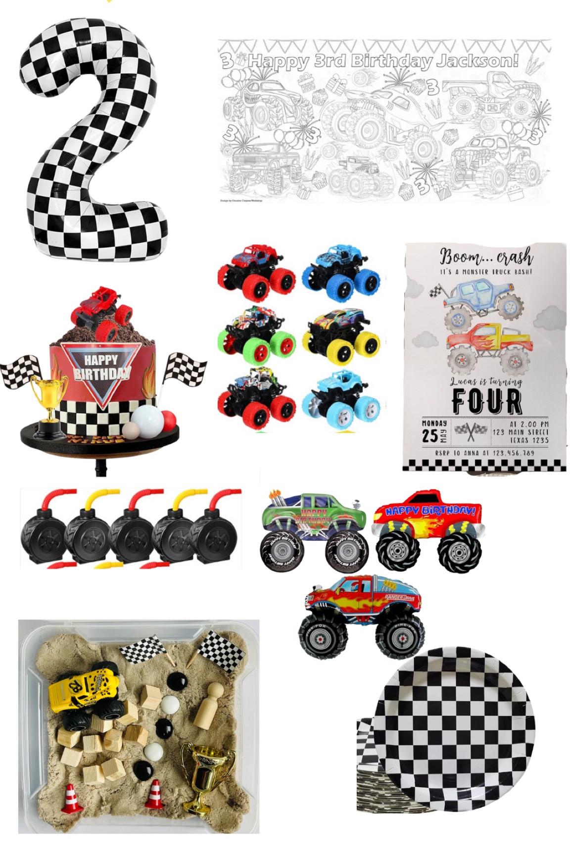My take on a monster truck party!   truly believe you can make ANY theme your kiddo loves cute! Stick with a color scheme for the paper goods vs theme specific. Then sprinkle in a few themed things! For monster truck I’d go heavy on the white and black checkered items that look like the race flags, lean into your son’s favorite colors for the color scheme..I think you could go with any combo of primary colors here! I linked a bunch of items I’d use..you can do a balloon garland with a couple monster truck balloons as the focal point. Dirt cups with mini monster trucks on top would be SO cute! 

#LTKparties #LTKfamily #LTKkids
