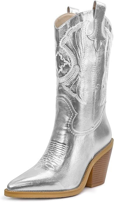 ISNOM Cowgirl Boots for Women, Embroidered Pointed Toe Chunky Heel Western Boots | Amazon (US)
