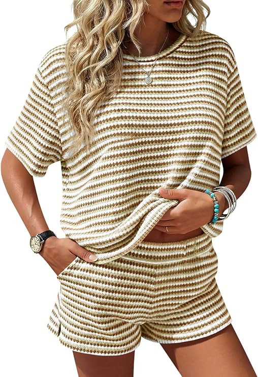 Fisoew Womens Striped 2 Piece Short Sets Casual Short Sleeve Outfits Shirts Tops Knit Workout Mat... | Amazon (US)