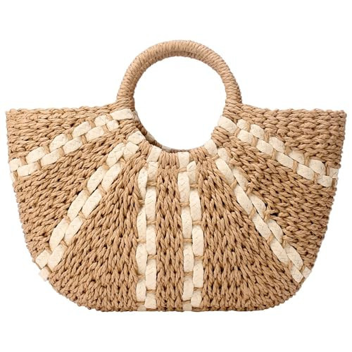 Straw Bags for Women,Hand-woven Straw Large Bag Round Handle Ring Tote Retro Summer Beach Rattan bag (Khaki with begie) | Amazon (US)