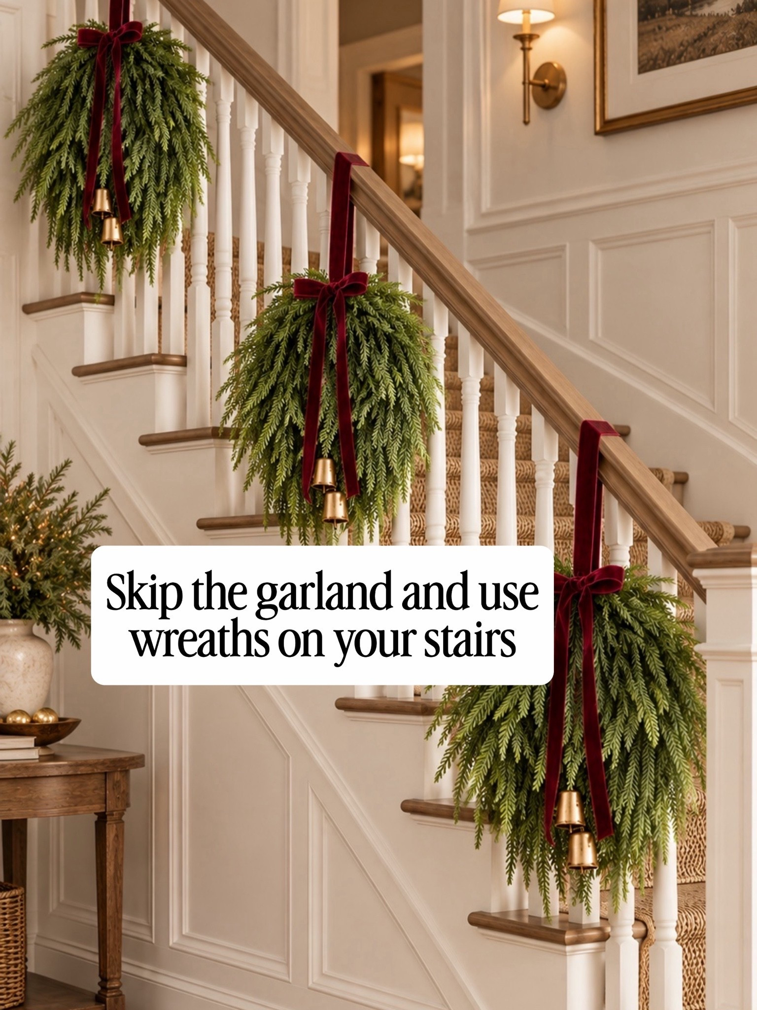 The easiest Christmas staircase idea 🎄✨ Instead of traditional garland, hang a few lush evergreen swags along the banister and finish them with velvet ribbon + bells. It’s SO pretty, takes way less time to install, and gives your staircase that cozy, collected Christmas look.

#LTKHome #LTKSeasonal