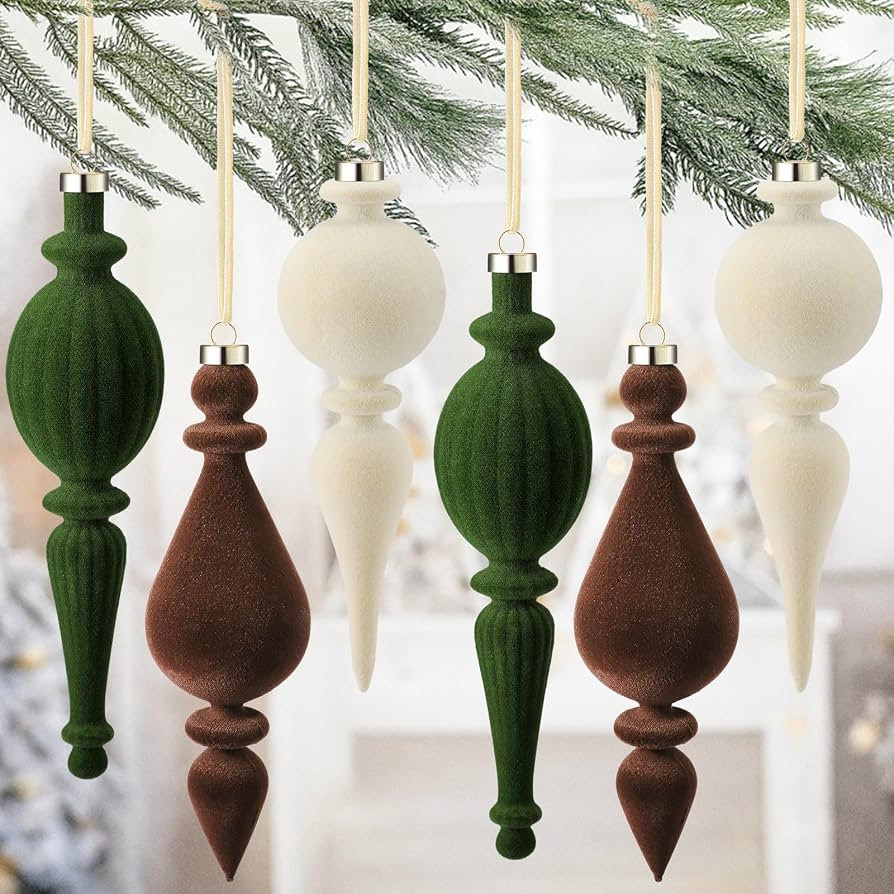 Jetec 6 Pcs Green Brown Velvet Christmas Finial Ornament Flocked Xmas Tree Hanging Decoration Pla... | Amazon (US)