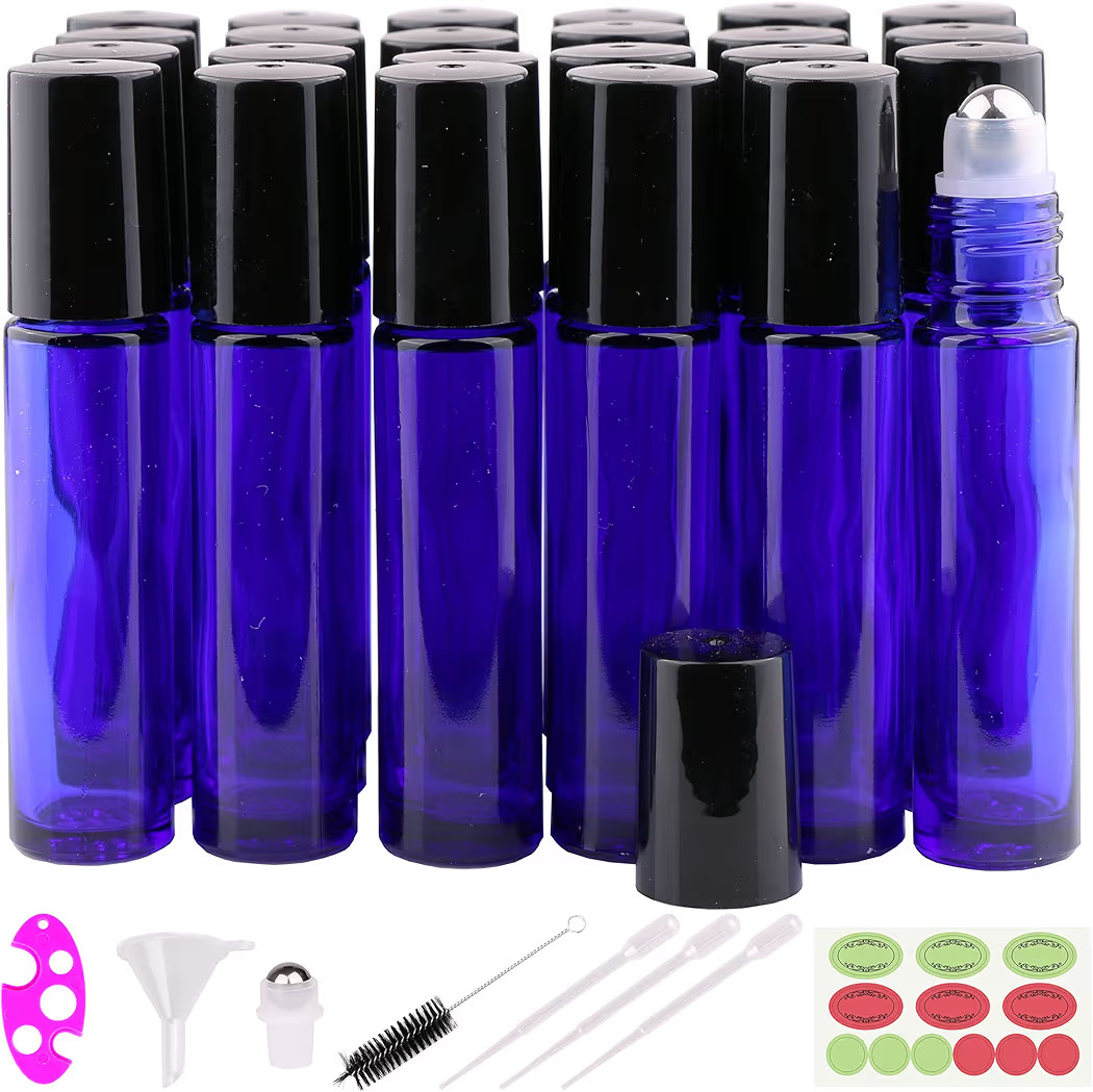 inice 24 Pack,10ml Roller Bottles for Essential Oils Cobalt Blue Glass Stainless Steel Roll On Ba... | Amazon (US)