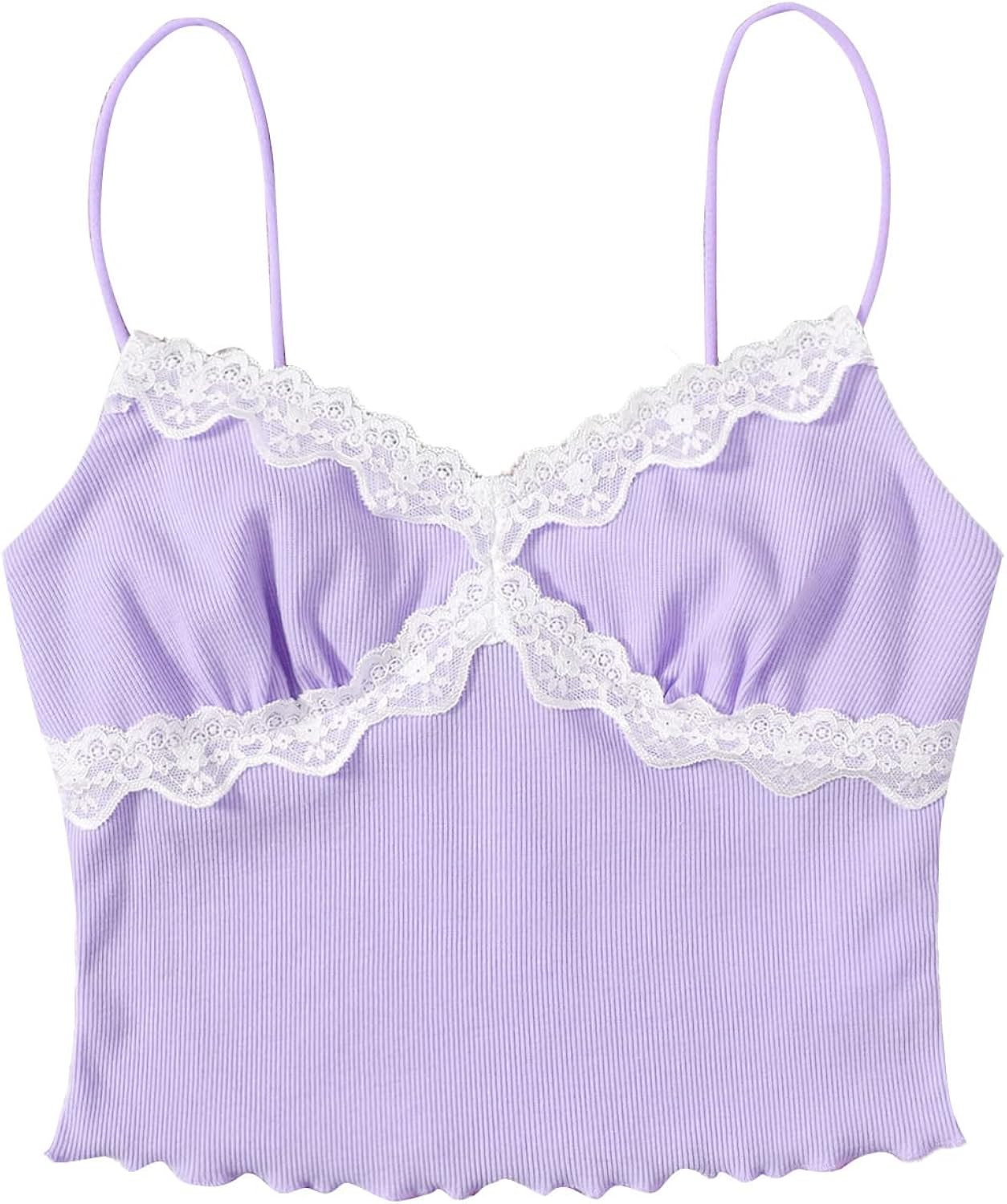 SweatyRocks Women's Lace Patchwork Spaghetti Strap Crop Cami Cute Ribbed Knit Slim Fit V Neck Cam... | Amazon (US)