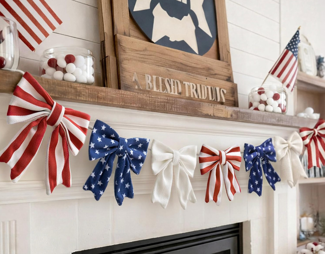 4th of July Decorations - 6.5 Ft Patriotic Bow Garland - Memorial Day Decor - America 250th Anniversary Decoration - Fourth of July Home Party Supplies Independence Day Accessories for Indoor Outdoor 

 #LTKSeasonal #LTKHome