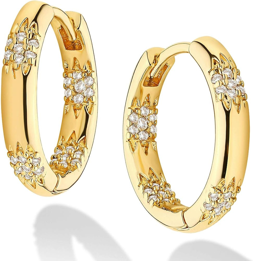 Dremmy Studios Dainty CZ Huggie Hoop Earrings 14K Gold Plated Chunky Simple Cute Thick Round Fril... | Amazon (US)