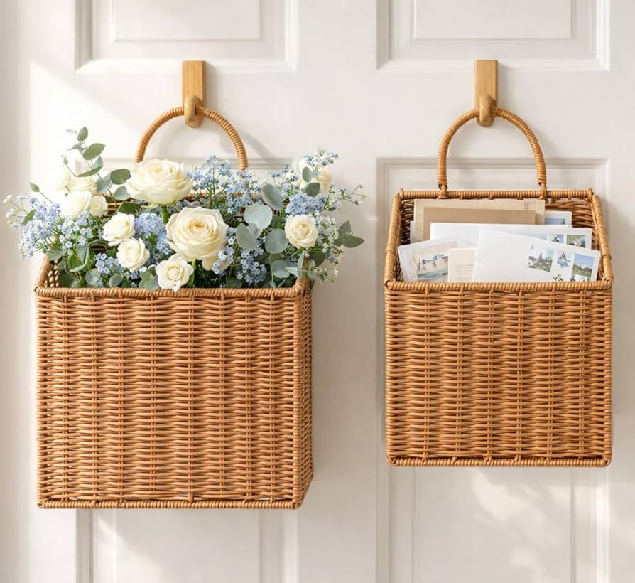 Set of 2 Woven Hanging Wicker Basket for Front Door, Handmade Rattan Hanging Wall Baskets for Gar... | Amazon (US)