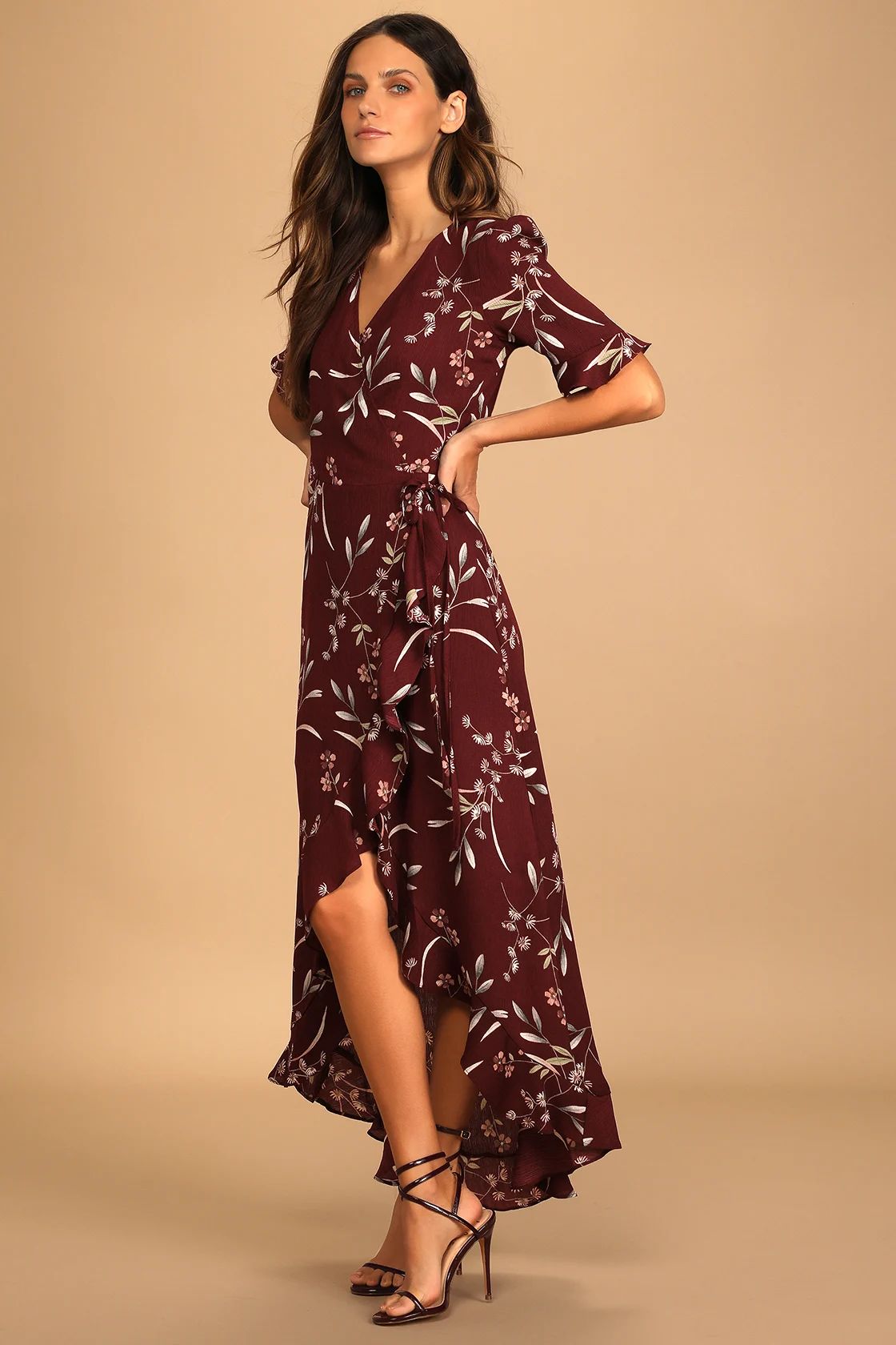 Wild Winds Burgundy Floral Print High-Low Wrap Dress | Lulus (US)