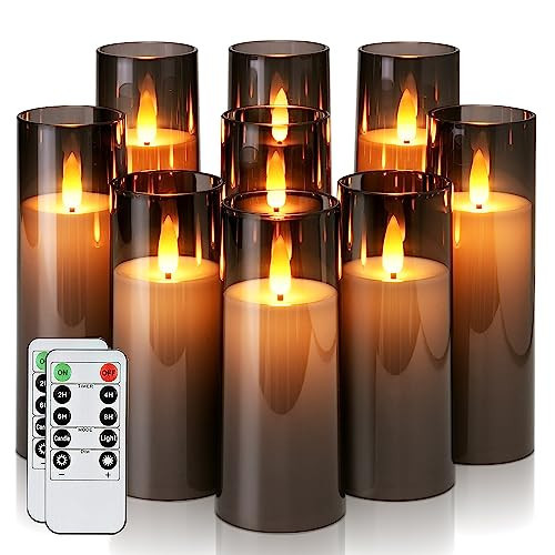 Homemory Decorative Flameless Candles, Battery Operated Candles with Remote & Timer, Flickering Led Pillar Candles, Plexiglass, Grey, Pack of 9, D2.2 xH 5" 6" 7" | Amazon (US)
