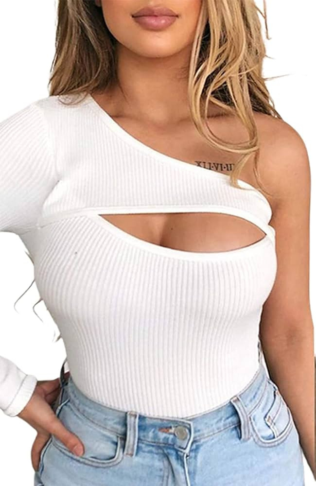 Remidoo Women's One Shoulder Cutout Ribbed Knit Long Sleeve T Shirt Tops | Amazon (US)