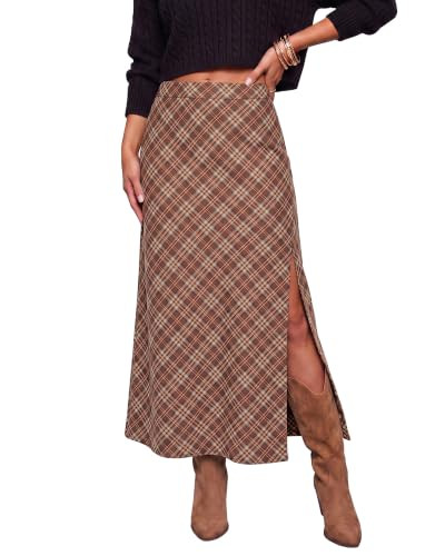 luvamia Plaid Maxi Skirts for Women Trendy A-Line Long Skirt with Side Slit | Amazon (US)