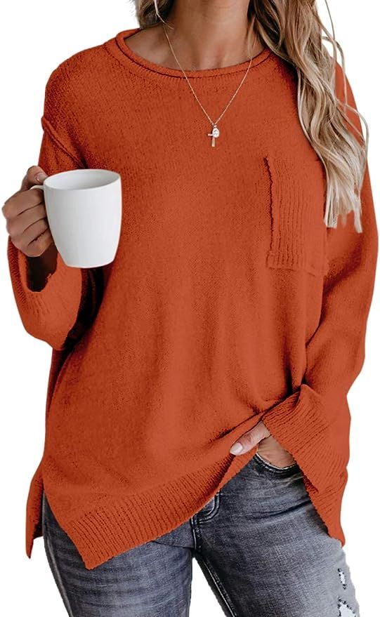OFEEFAN Womens Sweaters Long Sleeve Side Split Crewneck Pullover Fall | Amazon (US)