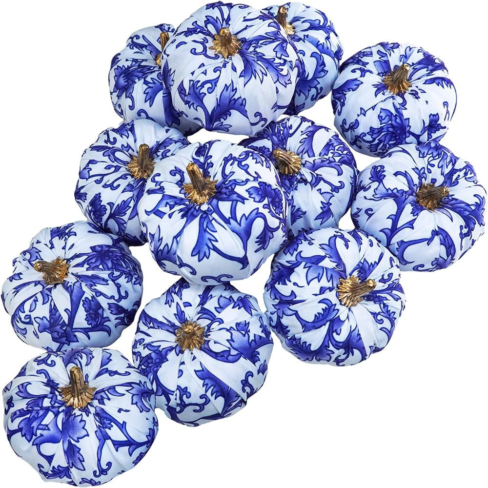 Winlyn 12 Pcs Small Fabric Pumpkins Decorative Blue and White Pumpkins Chinoiserie Chic Pumpkins ... | Amazon (US)