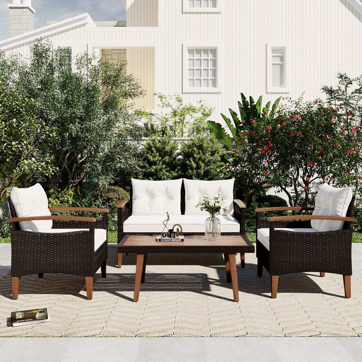 4PCS Patio PE Rattan Conversation Seating Set with Wood Tabletop and Legs-ModernLuxe | Target