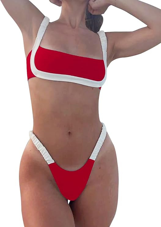 HYTENSUN Women's Bandeau Cheeky Bikini Colorblock Square Neck High Cut Swimsuits Two Pieces Bathi... | Amazon (US)