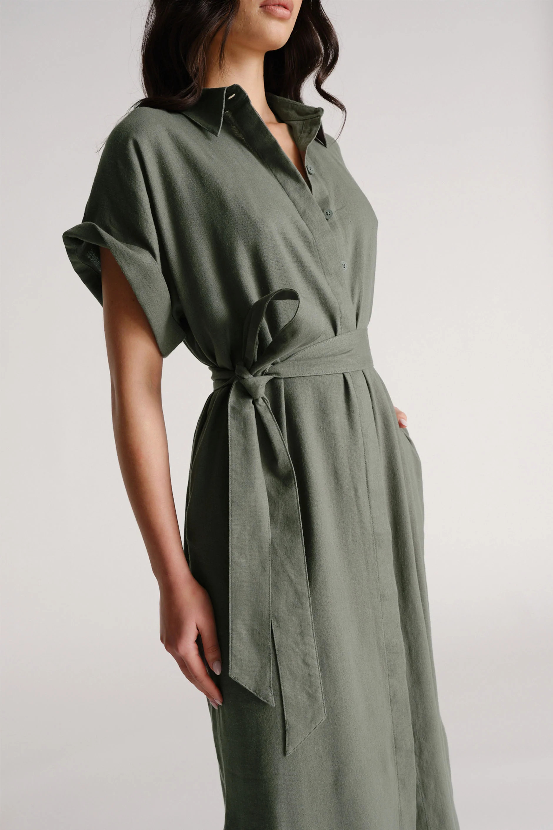 D-Luxe Linen Blend Midi Dress - Thyme Green | DECJUBA
