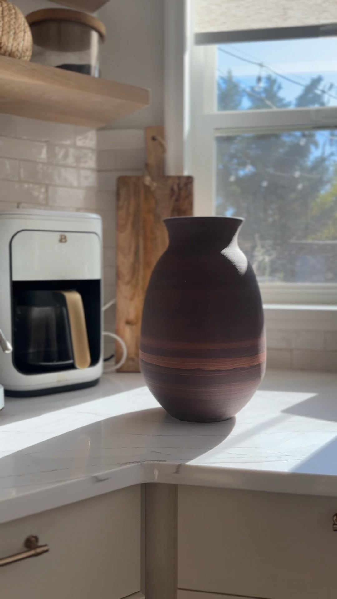 Coffee station decor! Loving my new gorgeous vase, it has become a staple. Love the color, shape and size! Modern organic, Mexican decor , kitchen decor 