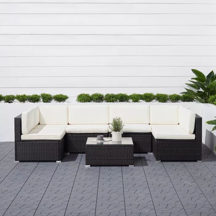 Venice 6pc Classic Outdoor Wicker Sectional Sofa with Seat and Back Cushion - Black - Vifah | Target