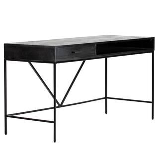 Madeleine Home Bilbao 22 in. Rectangle Black Mango Wood with 1-Drawer Writing Desk with Open Shel... | The Home Depot