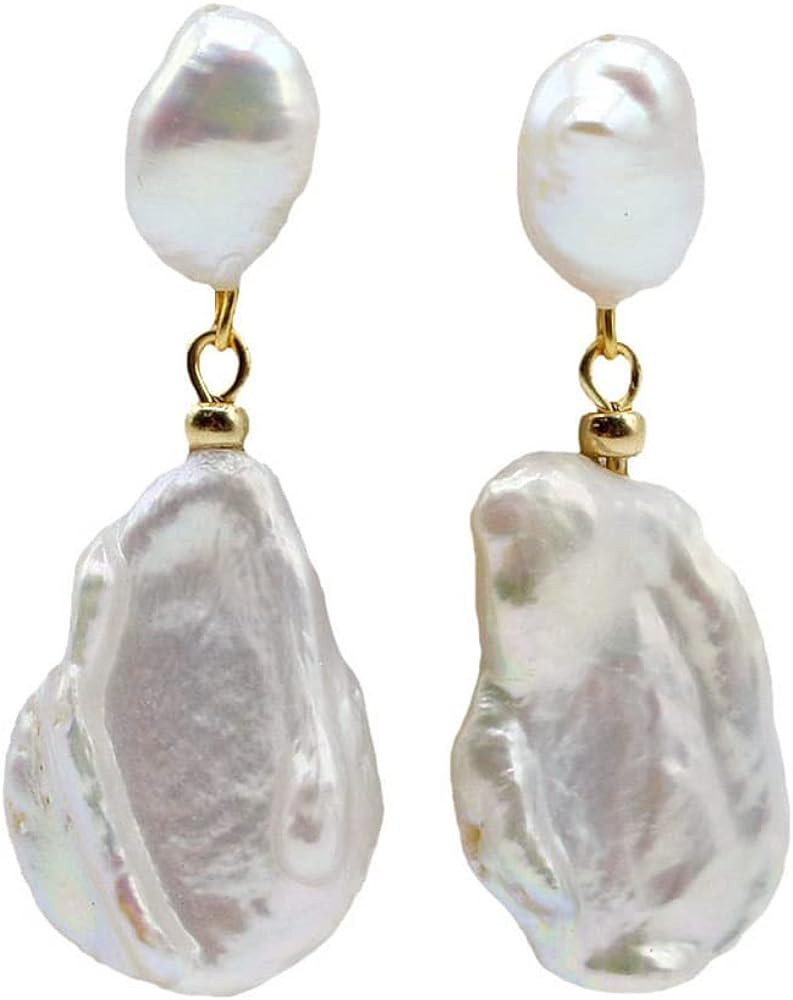 Women's Earrings White Natural Freshwater Pearl Earrings Genuine Baroque Flat Drop Pendant Silver... | Amazon (US)