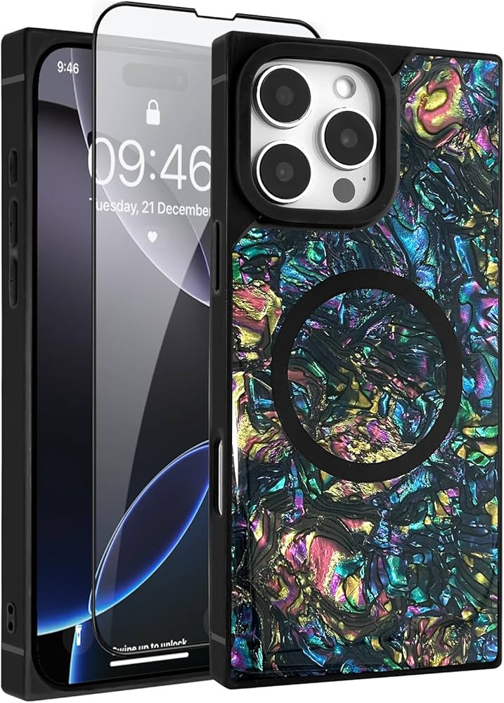 AIGOMARA Magnetic Rectangle for iPhone 16 Pro Max Case, Compatible with Magsafe Luxury Sparkle Opalescent Pearl for Women Girls Glossy Glitter Protective Phone Case with Screen Protector, Abalone | Amazon (US)