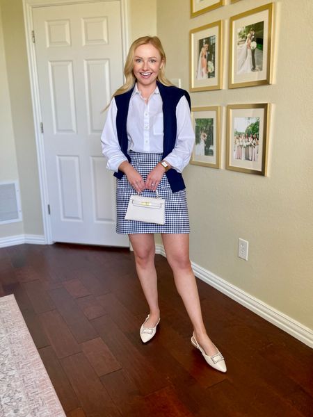 Wearing a 0 in skirt and XS in shirt | spring workwear, work outfit, summer workwear, gingham skirt, white button up, summer outfit, spring outfit 

#LTKSeasonal #LTKstyletip #LTKfindsunder100