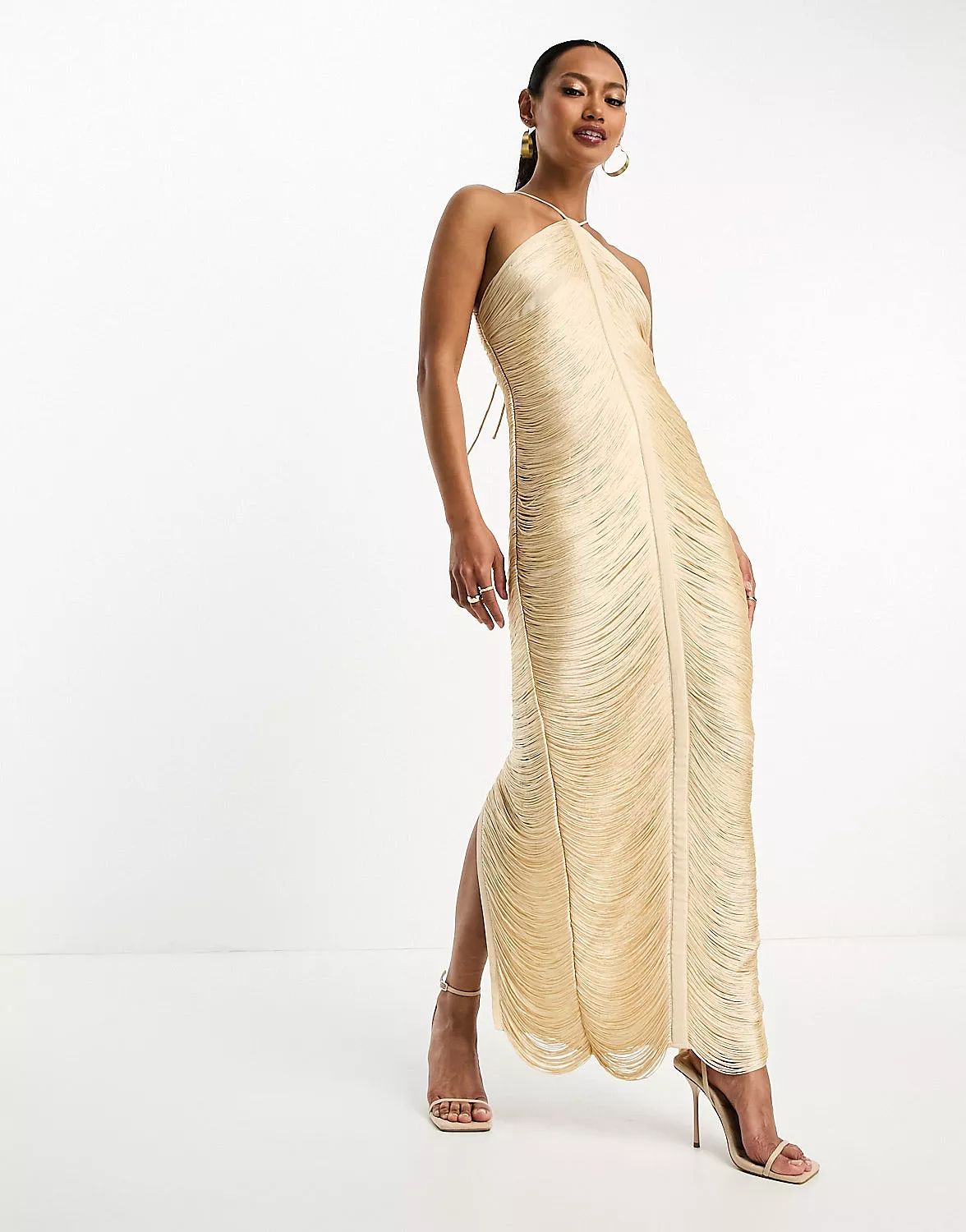 ASOS DESIGN fringe drape halter maxi dress in cream | ASOS (Global)